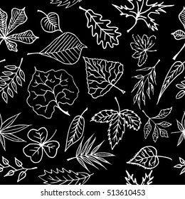 Hand drawn engraving style leaves Seamless pattern. Black and white Vector illustration