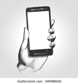 Hand drawn engraving style pen crosshatch hatching paper painting retro vintage vector lineart illustration of the modern smartphone. 