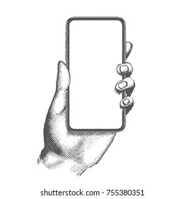 Hand drawn engraving style  retro vintage vector  illustration of the modern smartphone. Hand holding a touch mobile phone