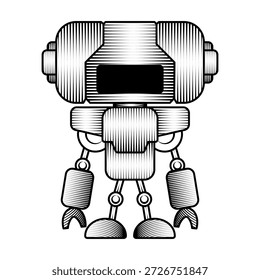 handgezeichnete Gravur Stil Roboter Illustration vintage retro sci fi Charakter künstliche Intelligenz Maschine Maskottchen Spielzeug lustig Cyborg Design