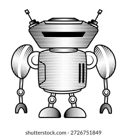 Estilo de grabado dibujado a mano Ilustración de robot Vintage Retro Personaje de ciencia ficción Máquina de inteligencia artificial Juguete de mascota Diseño cyborg divertido
