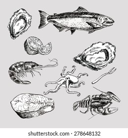 Hand drawn engraving style sea food set. Salmon, oyster, crewfish, octopus, shrimp. Vector illustration
