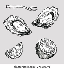 Hand drawn engraving style sea food set. Oysters, lemon, oyster fork. Vector illustration