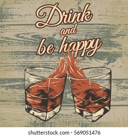 Hand drawn engraving style vector illustration with two glasses of beverage on grunge wooden background. Advertising for alcohol drink