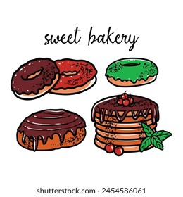 Hand drawn engraving sweet desserts set in many kinds of bakery. Vector illustration food menu.