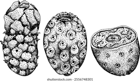 Hand drawn, engraving, vector Opuntia fruit, prickly pear cactus, Indian figs, Edible cactus