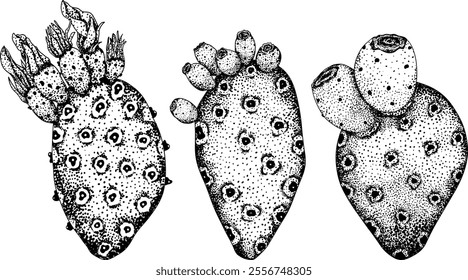 Hand drawn, engraving, vector Opuntia fruit, prickly pear cactus, Indian figs, Edible cactus