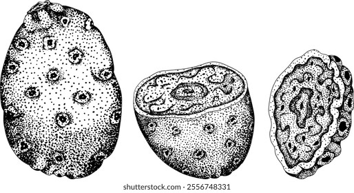 Hand drawn, engraving, vector Opuntia fruit, prickly pear cactus, Indian figs, Edible cactus