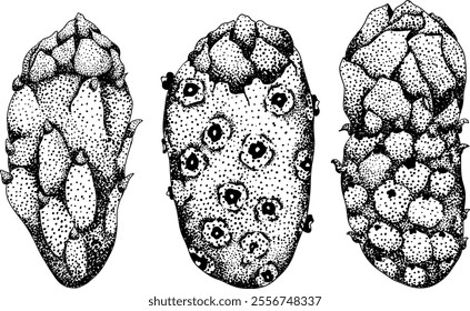 Hand drawn, engraving, vector Opuntia fruit, prickly pear cactus, Indian figs, Edible cactus