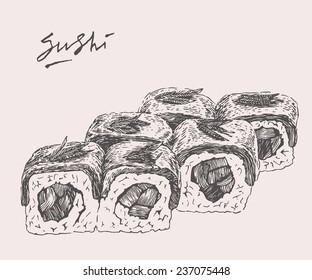 Hand drawn (engraving) vintage sushi set vector illustration