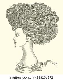 Hand Drawn Engraving. Women's Hairstyle. 8 EPS