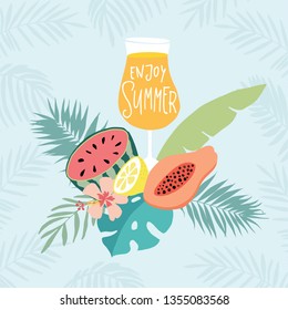 Hand drawn Enjoy summer party greeting card, invitation with cocktail drink. Watermelon, papaya and lemon fruit with tropical palm leaves and hibiscus flowers. Vector illustration, web banner.