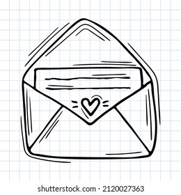 Hand drawn envelope with documents. Outline icon. Sketch style. Checkered background. Vector illustration