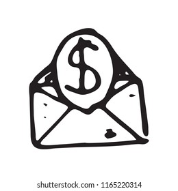 Hand Drawn envelope doodle. Sketch dollar icon. Decoration element. Isolated on white background. Flat design. Vector illustration.