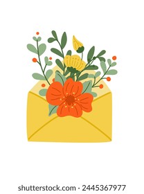 Hand drawn envelope with floral composition. Flat hand drawn colored stylized elements on white background. Unique print design for printout, poster, interior. Spring modern concept