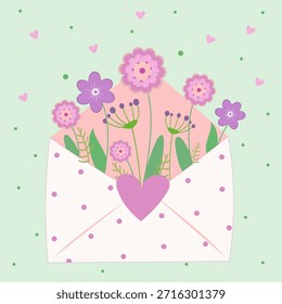 Hand drawn envelope with flowers and herbs, pink heart, March 8, Happy Womens Day