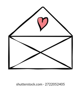Hand drawn envelope with heart. Design element for Valentine's day, birthday, Friendship Day, wedding. Love letter vector illustration for posters, card, postcard. Decorative isolated element.