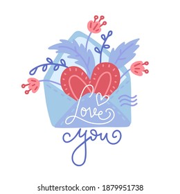 Sobre dibujado a mano, con corazón, flores y letras de Amo. El día de San Valentín elemento de diseño de tarjetas de felicitación en dibujos animados de estilo plano aislado en blanco para impresiones, invitaciones, camisetas, logotipos.
