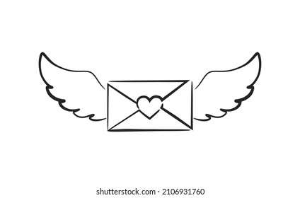 hand drawn envelope with heart and wings. love message symbol. sketchy vector element for valentine's day design