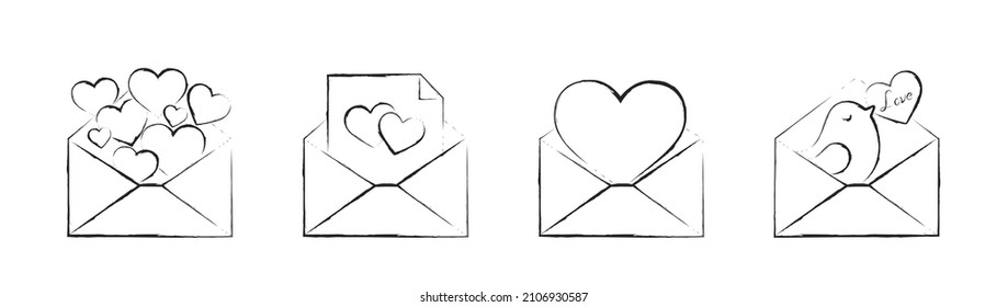 hand drawn envelope with love message set. romantic and love symbol. sketchy element for valentine's day design