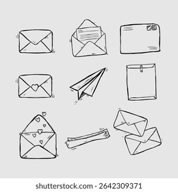 Hand Drawn Envelope and Paper Airplane Icons A Collection of Cute Doodle Illustrations for Correspondence, Messaging, and Communication