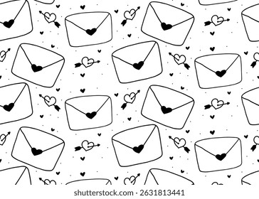 Hand drawn envelope pattern valentine's day heart outline vector background. Wall decoration, wrapping paper, editable