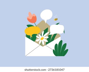 Hand drawn envelope with speech bubble and flowers