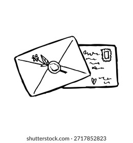 Sobre dibujado a mano con sello de cera y flor Pequeña, postal con sello y nota escrita a mano detrás. Acogedora ilustración de arte lineal para diseño de papelería, tarjetas románticas, diario, pegatinas y marca