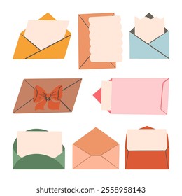 Hand Drawn Envelopes with Inserts Ribbons and Decorative Edges. A versatile collection of hand-drawn envelope designs featuring inserts, scalloped edges, and minimalist styles for creative projects