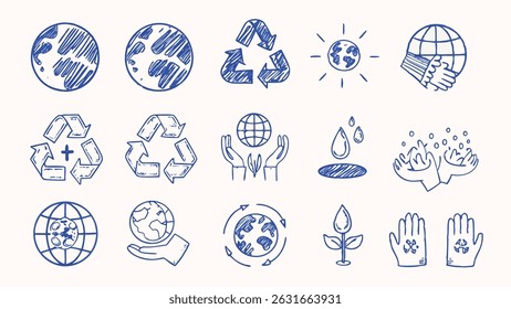 Hand drawn environmental icons set for sustainable living eco friendly design and nature conservation projects
