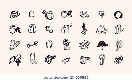 Hand drawn equestrian icons, horse back riding items in outlined style, isolated vector elements