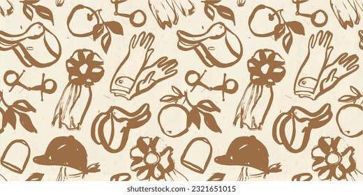 Hand drawn equine seamless pattern, brush stroke style, horse riding background, fabric texture illustration