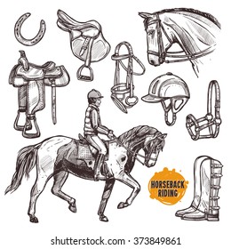 Hand Drawn Equipment For Horses. Horse And Horseback Riding Sketch Set