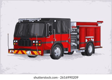 Hand drawn equipped red fire truck for firefighting, emergency service vehicle fire engine used to put out fire 