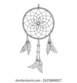 Sonhador esotérico desenhado à mão com penas e contas. Ilustração vetorial em preto e branco em estilo de gravação. Adequado para cartazes, design de tatuagem, decoração boho e projetos de arte mística.