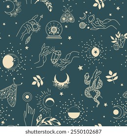 An hand drawn esoteric pattern, symbols of magic, astrology and the cosmos - the sun, the stars and the moon, rays of light.

