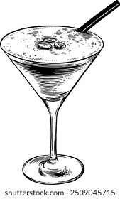 Hand drawn Espresso Martini Cocktail Drink Sketch Illustration Engraving Woodcut Style