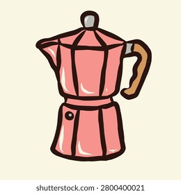 Hand Drawn Espresso Moka Pot Vector Illustration - Cute Doodle Pink Italian Coffee Maker Cafetiere for Kitchen and Cafe Design