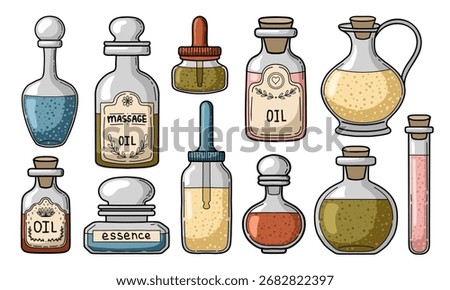 Hand drawn essential oil bottles vector collection. Vintage apothecary flasks for herb and medicine design