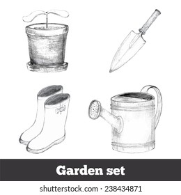 Hand drawn et of gardening tool. Vector, EPS 10