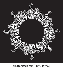 Hand drawn etching style frame in a shape of sun rays vector illustration.