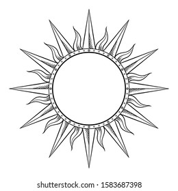 Hand drawn etching style frame in a shape of sun rays vector illustration