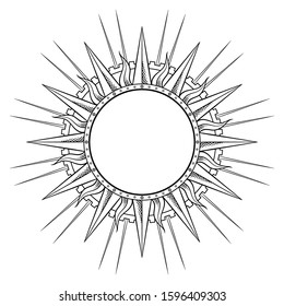 Hand drawn etching style frame in a shape of sun rays vector illustration