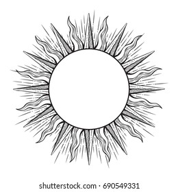Hand drawn etching style frame in a shape of sun rays vector illustration.