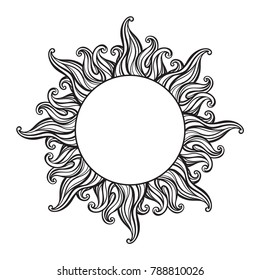 Hand drawn etching style frame in a shape of sun rays vector illustration.