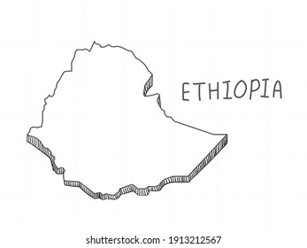 Hand Drawn of Ethiopia 3D Map on White Background.