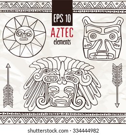 Hand drawn ethnic aztec fantastic decoration elements - sun, leopard, indian. Sketch style with arrows and ornament line in brown and transparent colors on grunge paper background.