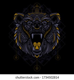 ilustración de la cabeza de un oso étnico dibujado a mano