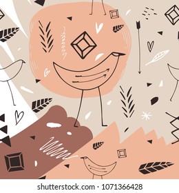Hand drawn ethnic birds pattern, abstraction. Scandinavian art. Clipart, vector illustration, boho elements set.