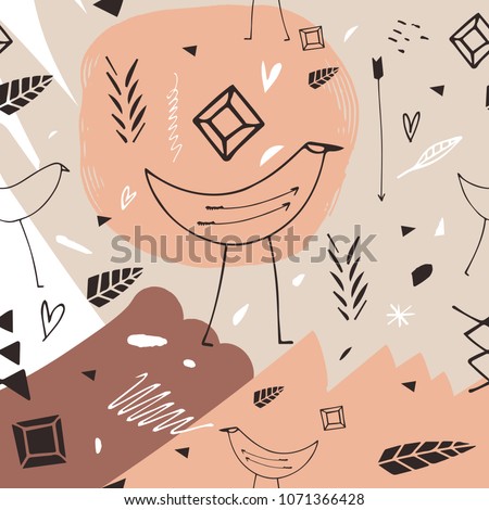 Hand drawn ethnic birds pattern, abstraction. Scandinavian art. Clipart, vector illustration, boho elements set.